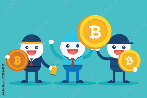 Mini characters celebrating cryptocurrency with bitcoin coins in a bright, cheerful setting during a digital finance event