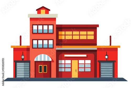 Fire station vector illustration showing a modern design with large windows and a welcoming entrance, set in a vibrant color palette, suitable for various applications including educational materials