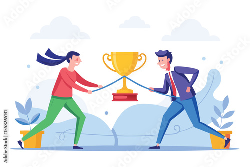 Two professionals engaged in a competitive tug-of-war for victory in a business competition with a trophy as the central prize
