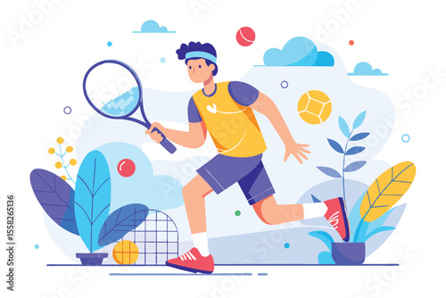 Dynamic male tennis player in action on a colorful background with plants and sports equipment, showcasing energy and enthusiasm while playing the game in bright and vibrant surroundings