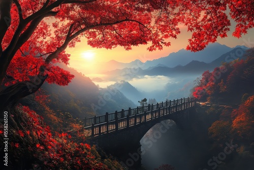 misty mountain sunrise with red leaf tree and bridge.