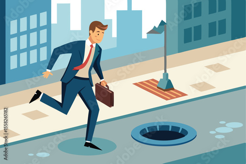 Businessman running down the street during the day while talking on a cell phone, focused on a task ahead of him in an urban environment