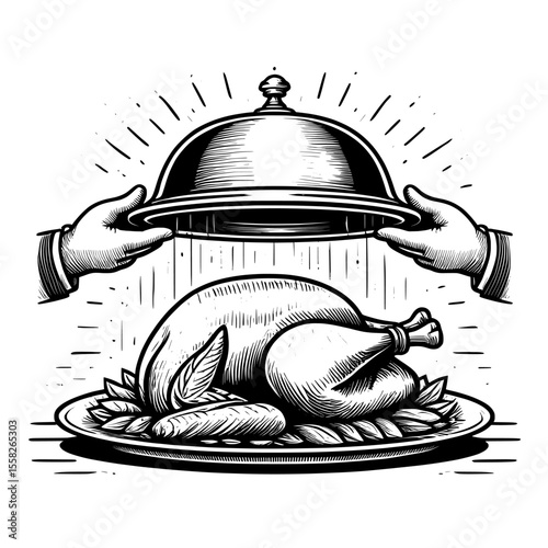 Hands lifting a cloche , illustration of a restaurant cloche , a platter of roast turkey transparent background , no background