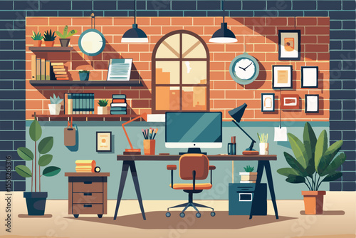 Creative office interior design in loft space featuring vintage elements and modern workspace decor with plants and art