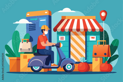 Delivery courier riding a scooter for an illustration of efficient parcel transport in a vibrant urban setting