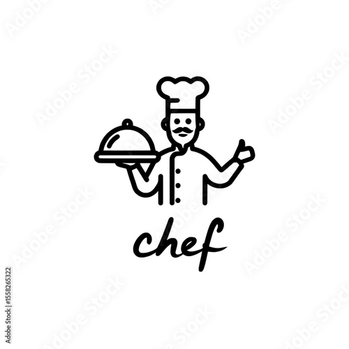 Chef holding a platter with a dome cover in a line art style design, waiter with tray transparent background , no  background 