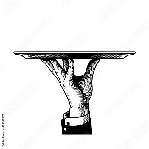 waiter holding tray ,  a hand in suit holding a tray in black and white art transparent background , no background