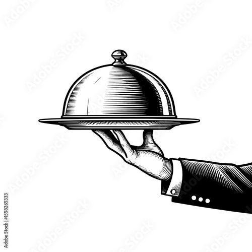 waiter with tray , a hand holding a covered silver serving platter tray transparent background , no background 
