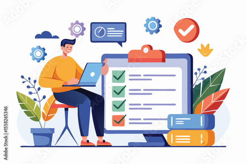 Remote worker engaged in business tasks while sitting at a desk with a laptop, checklist, and colorful graphics in a modern workspace