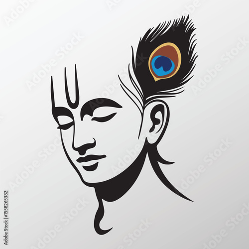 Lord Krishna Illustration with Peacock Feather Tranquil Expression and Minimalist Design