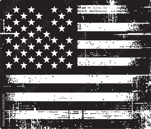 worn usa flag black and white vector illustration, isolated on white background