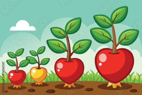 Cartoon vector illustration depicting various sizes of apples growing on plants in a sunny agrarian landscape