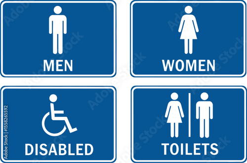 Four blue and white signs for men women disabled and toilet facilities