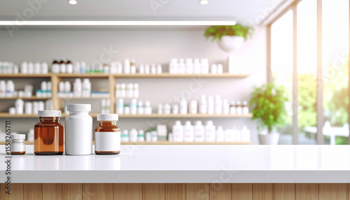 Close-up of the pharmacy counter against a blurry pharmacy background.