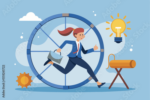 Businesswoman races in a hamster wheel, illustrating the endless cycle of work and ambition in a creative setting