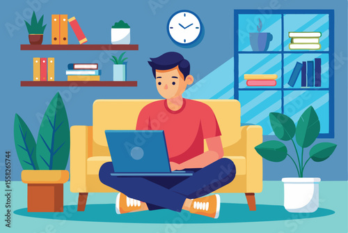Cartoon man working on laptop from comfortable living room during daytime with plants and shelves in the background