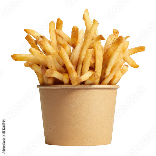 Crispy golden french fries piled high in a brown paper cup isolated on transparent background