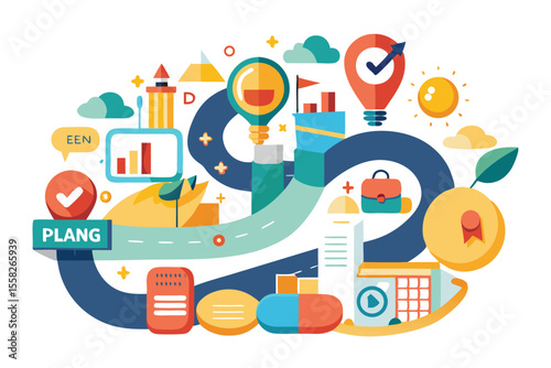 Successful business strategy path showcases planning, goal setting, and visual elements that illustrate growth and achievement in a dynamic environment