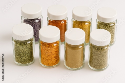Assortment of Colorful Spices in Glass Jars with White Lids Displayed on a White Surface Ideal Kitchen Background