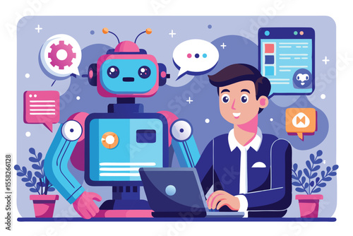 Futuristic concept of a man engaging in conversation with an AI chatbot on a computer in a modern office environment