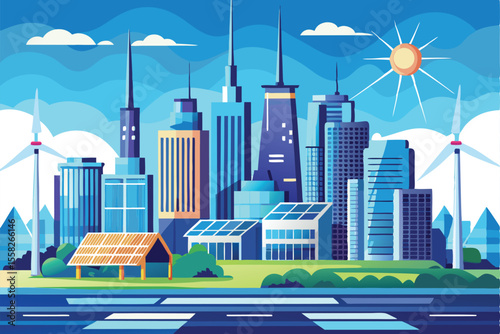 Modern city skyline featuring renewable energy wind turbines and solar panels under a bright sun in a vibrant urban landscape