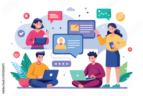 Users engaging in online communication through chat platforms in a modern workspace with vibrant colors and digital elements
