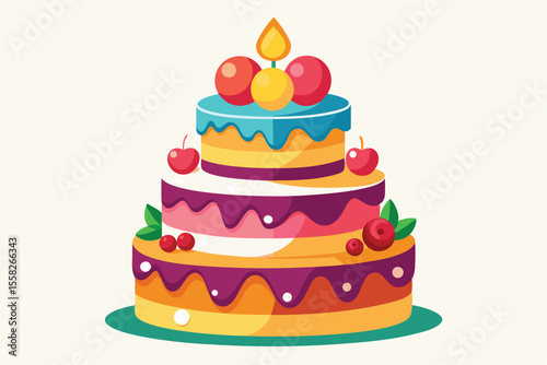 Multi-tiered colorful cake decorated with cream and toppings ideal for celebrations and special occasions