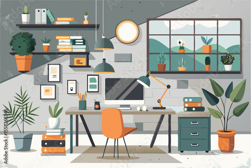 Creative loft office interior featuring concrete walls, modern furniture, and vibrant plants designed for productivity and inspiration