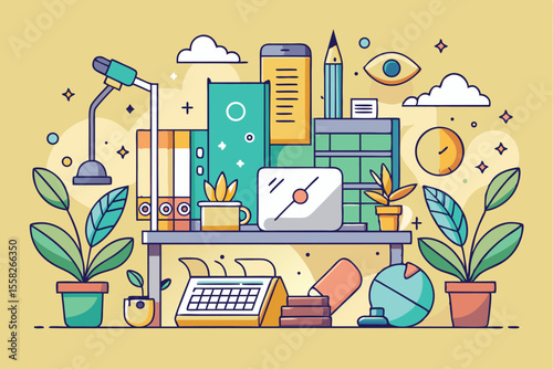 Creative hand drawn working environment template featuring desk items, plants, and stationery in an organized space ideal for productivity and inspiration