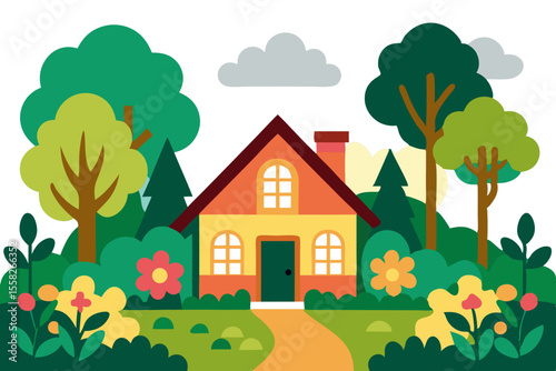 Charming cartoon house nestled among colorful trees and flowers in a garden