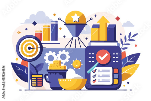 Visual representation of aspiration and challenges in the pursuit of success through productivity strategies and tools with various elements