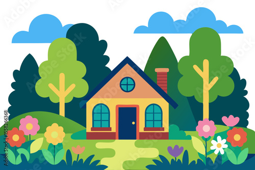 Charming cartoon house nestled in a vibrant colorful forest with blooming flowers