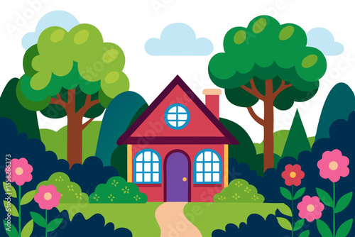 Charming red cartoon house nestled amongst lush green trees and colorful flowers