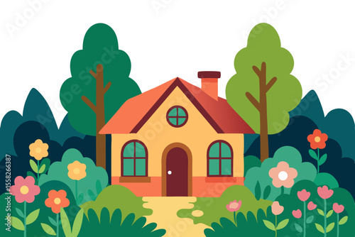 Charming cartoon house nestled among colorful flowers and trees in a whimsical landscape