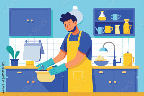 Man in yellow apron and blue gloves washes dishes in a modern kitchen filled with colorful dishware and plants in the evening