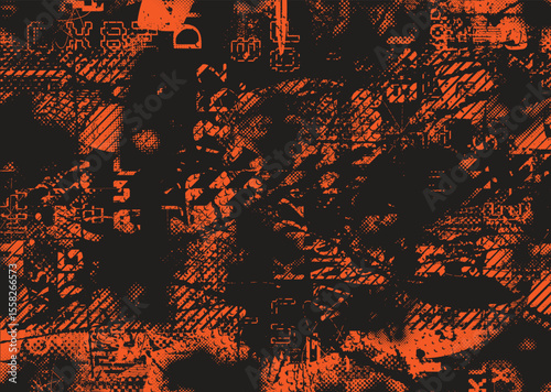 Glitch distorted geometric shape . Noise destroyed logo . Trendy defect error shapes . Glitched frame .Grunge textured . Distressed effect .Vector shapes with a halftone dots screen print texture. 