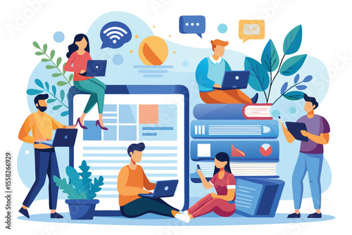 People use laptops and digital devices to browse an online mass media feed in a colorful, modern workspace setting with plants and digital graphics in the background