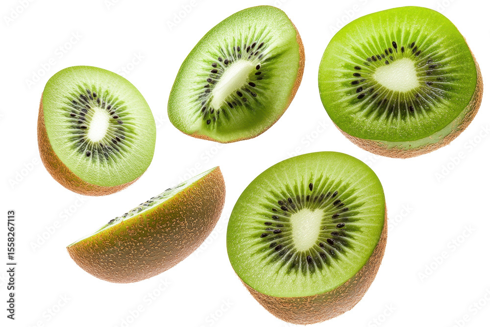 Fototapeta premium Isolated kiwi fruit slices falling against a white background surrounded by freshness and vibrant green color emphasizing healthy eating choices and vibrant flavors