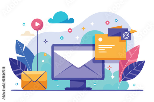 Mail sent concept with colorful flat illustration depicting email communication and delivery in a digital environment