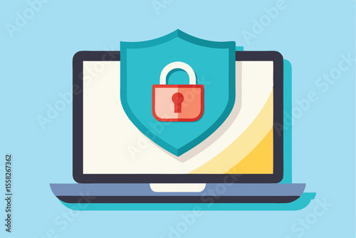 Digital security protection displayed on a laptop with a shield and padlock symbol emphasizing cybersecurity measures for safe online activities
