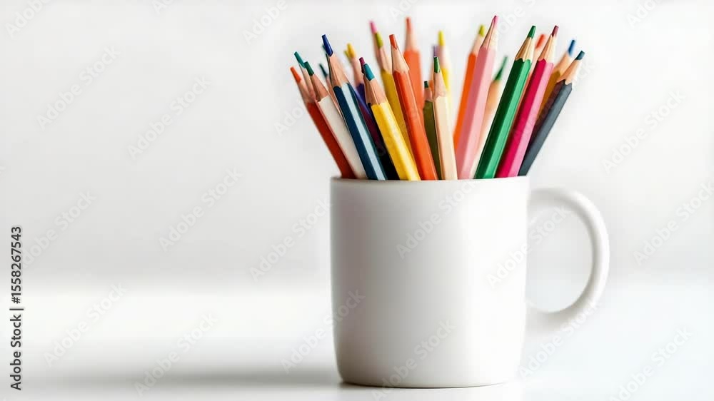 A white cup filled with a variety of colorful pencils arranged upright.