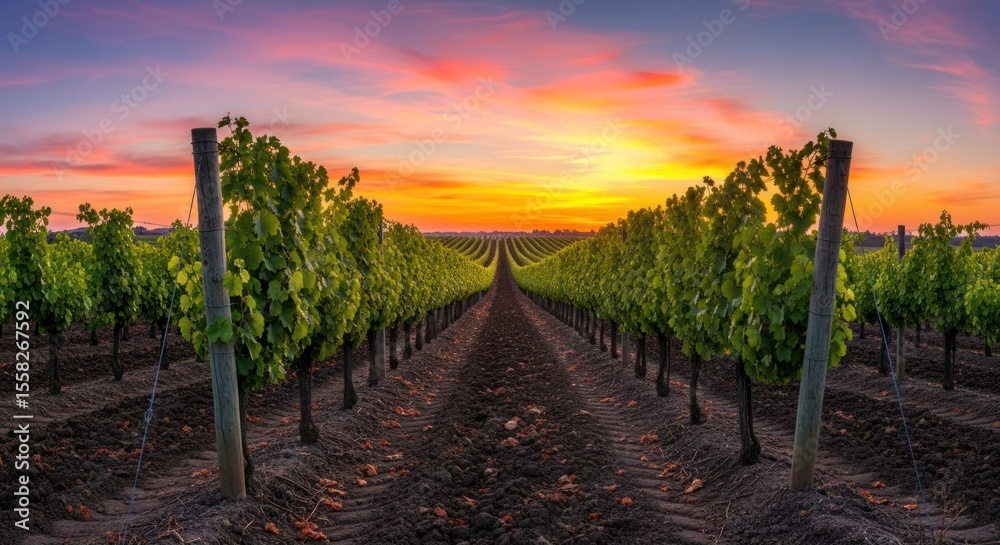 Fototapeta premium Vineyard rows at colorful sunset with vibrant orange sky view