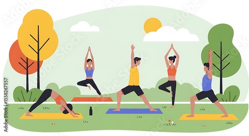 An illustration of a diverse group of individuals practicing various yoga poses together on mats in a serene park setting under a bright sun.