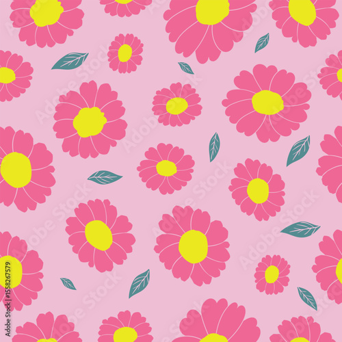 Seamless pink floral summer pattern with cheerful daisy blossoms and green leaves on pastel pink background for seasonal fabric and fashion.