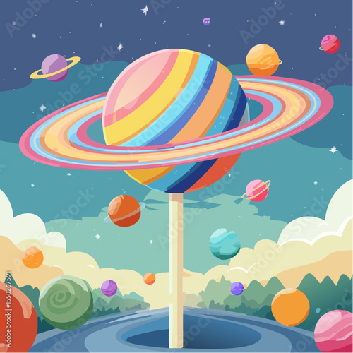 A lollipop spinning like a planet with orbiting candies – delicious science.
