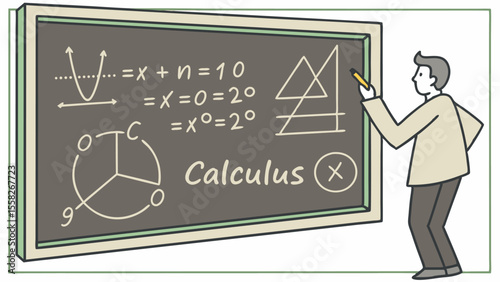 Man writing calculus equations and diagrams on a chalkboard in a classroom setting with a yellow pencil