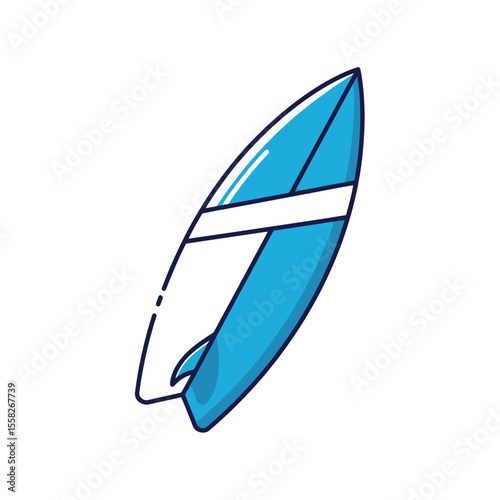 Stylish vector graphic illustration of a vibrant blue and white surfboard symbolizing summer beach vacation travel water sports leisure activity and ocean adventure concept