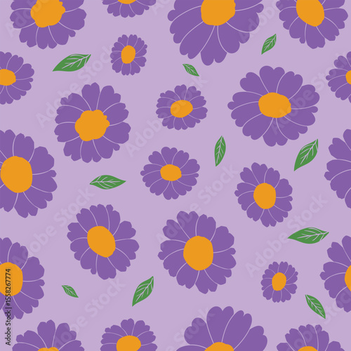 Seamless purple floral summer pattern with bold daisy flowers and green leaves on lilac background for fashion, fabric, packaging and decor.