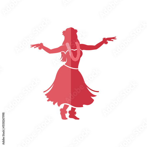 Dynamic red silhouette illustration of a beautiful woman performing the traditional Hawaiian hula dance with flowing skirt and lei vibrant tropical culture representation vector
