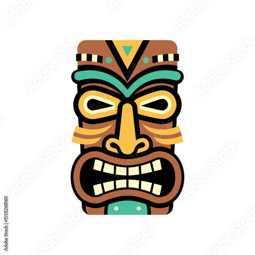 Ancient Polynesian Tribal Wood Carved Tiki Mask Vector Illustration Depicting Fierce Islander Spirit with Vibrant Tropical Colors Traditional Cultural Symbolism Artwork Design